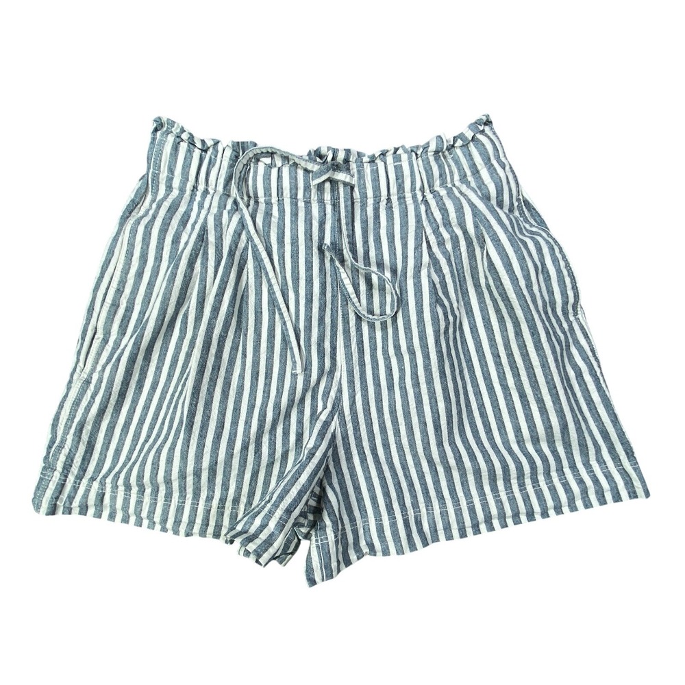 Uniqlo Linen Blend Shorts Womens XS Blue Striped‎ Paperbag High Rise Pleated